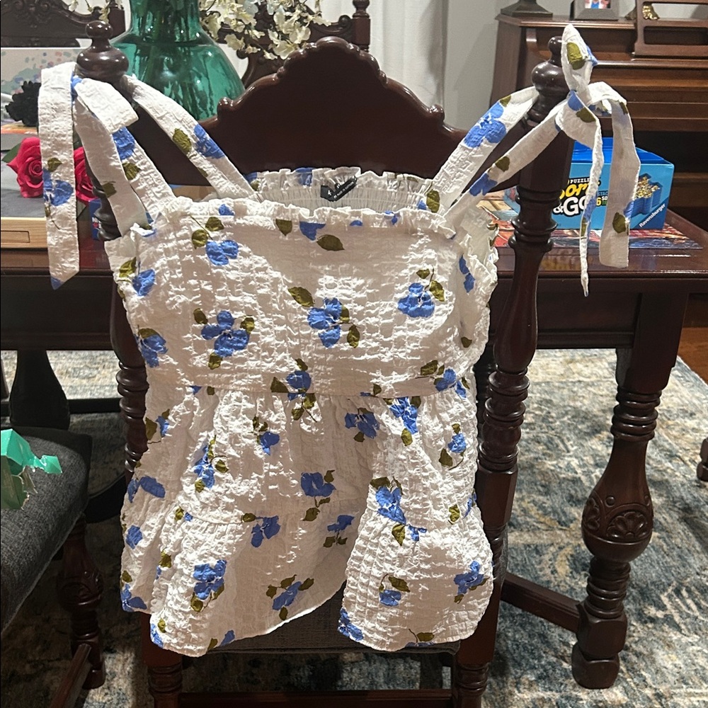 Kate Spade White and Blue Floral Smocked Tank Top